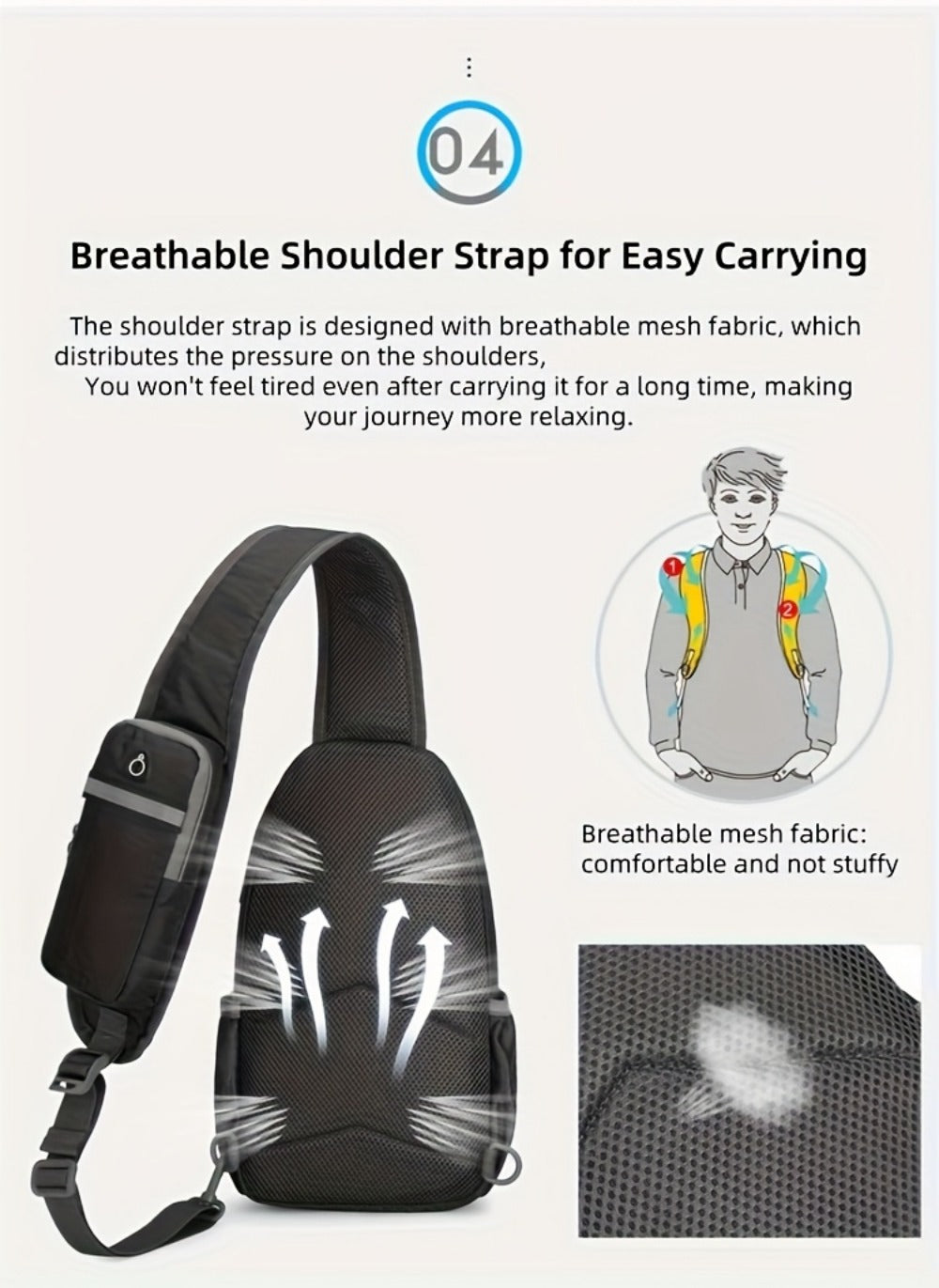 Sling Bag – Nylon, Large Capacity, Adjustable Strap, Multi Pocket – detail view 28