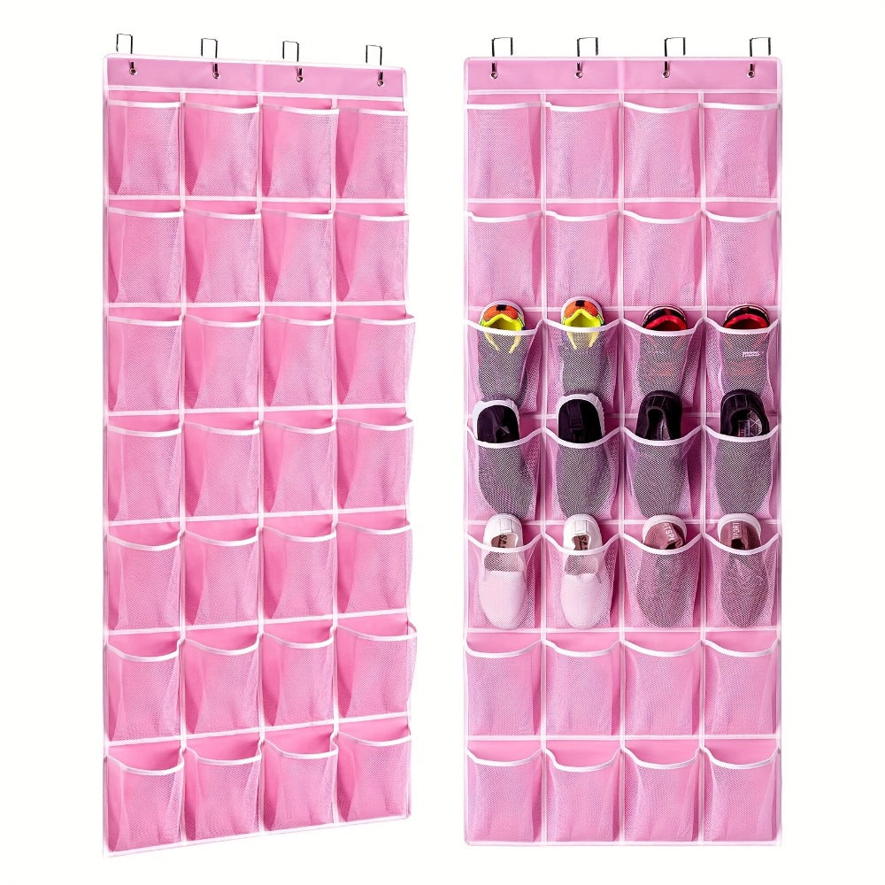 Shoe Organizer, Hanging Over Door 28 Pockets 4 Hooks Pink Fabric Space Saving Storage Bag shown in the main product view