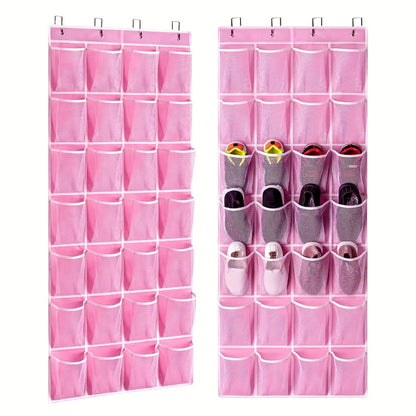 Shoe Organizer, Hanging Over Door 28 Pockets 4 Hooks Pink Fabric Space Saving Storage Bag shown in the main product view