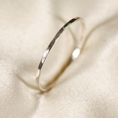 Stackable Rings for Women - 925 Sterling Silver Hammered Ring Minimalist Thin Band 1mm Textured Finish - product detail view