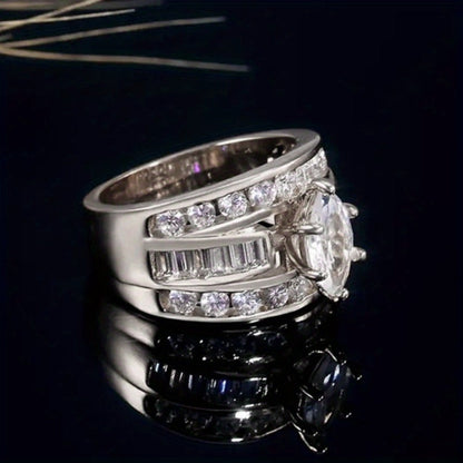 Stackable Rings for Women - Wide Band Ring Set 2Pcs for - Vintage Elegant Engagement Ring Set, Silver - product detail view