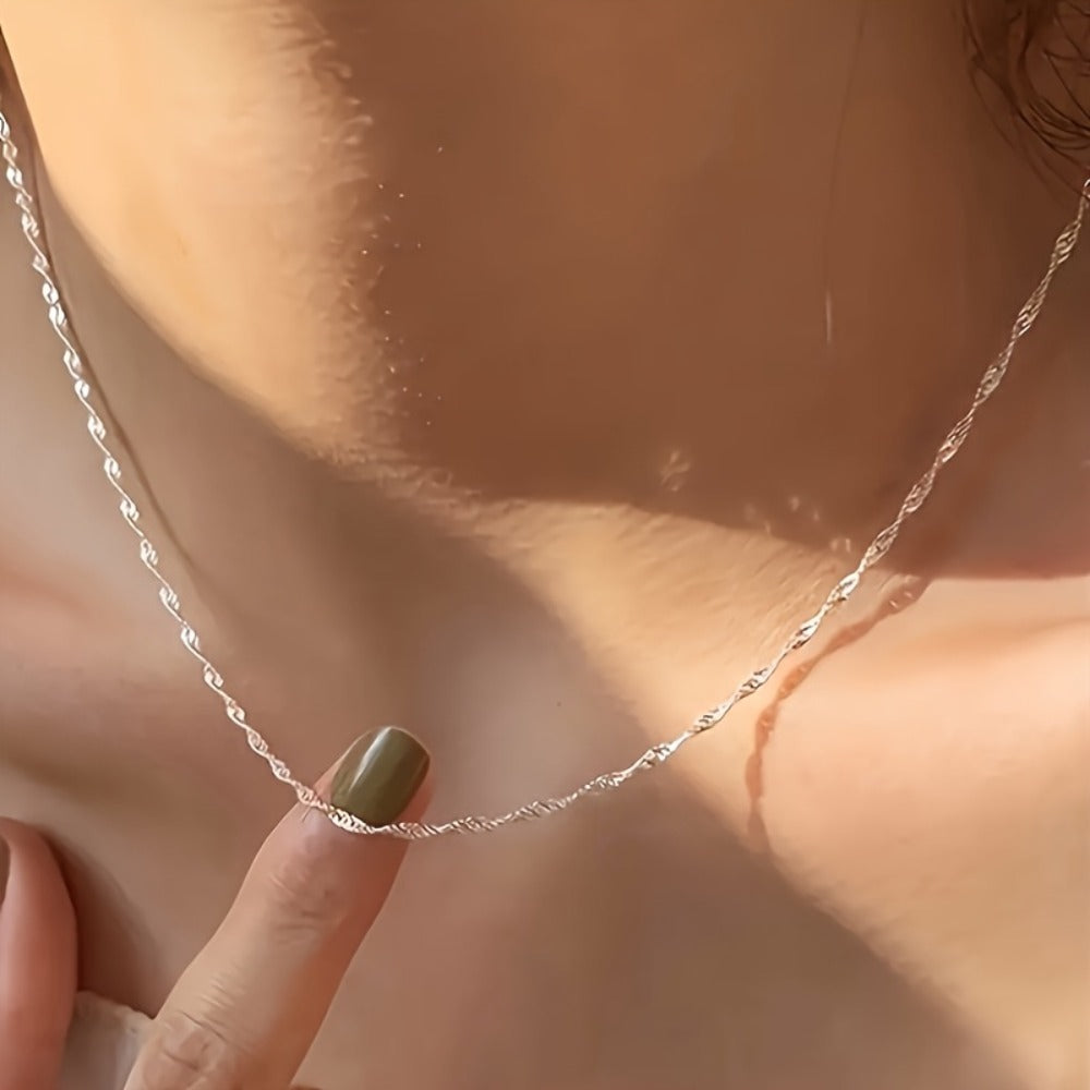 Sterling Silver Necklace - 925 Silver Wave Chain, Fine Reflective Links - product detail view 4