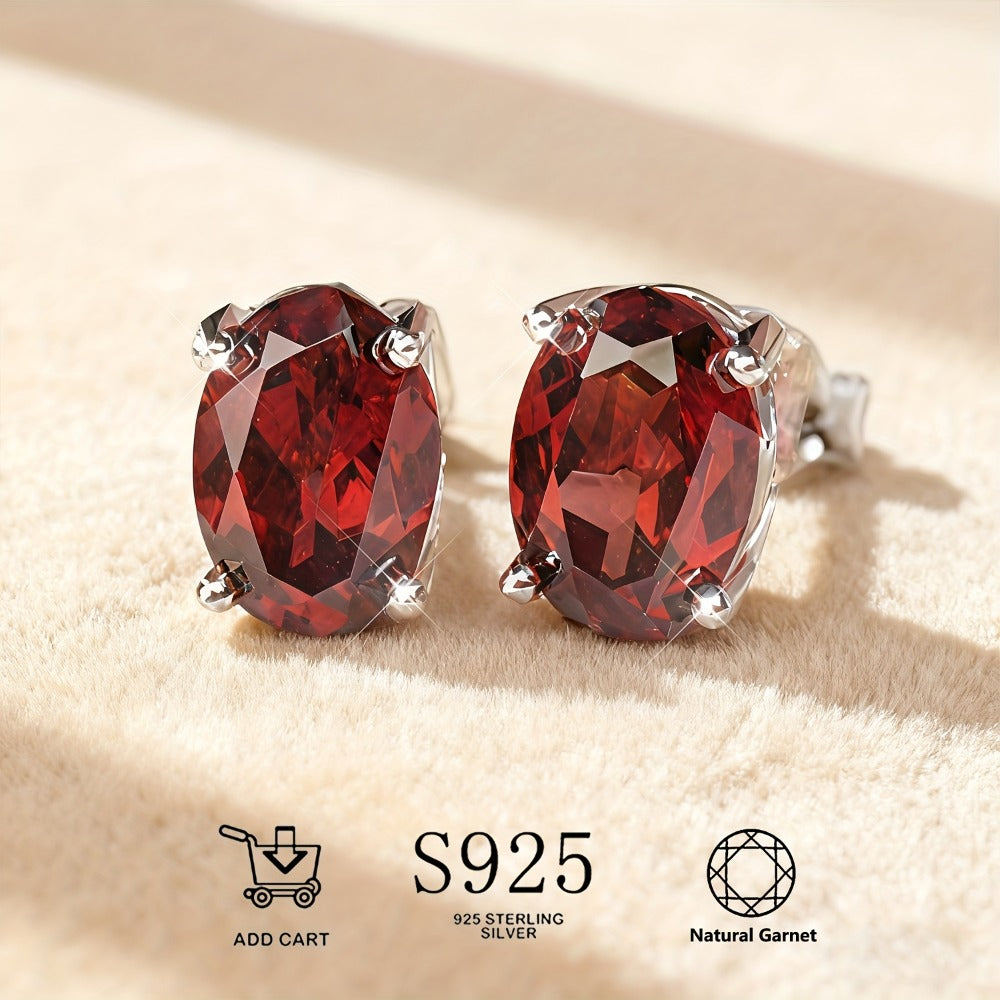 Stud Earrings for Women - Garnet 925 Sterling Silver Natural Stone Hypoallergenic January Birthstone - main product view