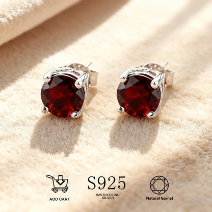 Stud Earrings for Women - Garnet 925 Sterling Silver Natural Stone Hypoallergenic January Birthstone - product detail view 2