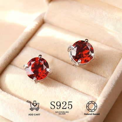 Stud Earrings for Women - Garnet 925 Sterling Silver Natural Stone Hypoallergenic January Birthstone - product detail view 3