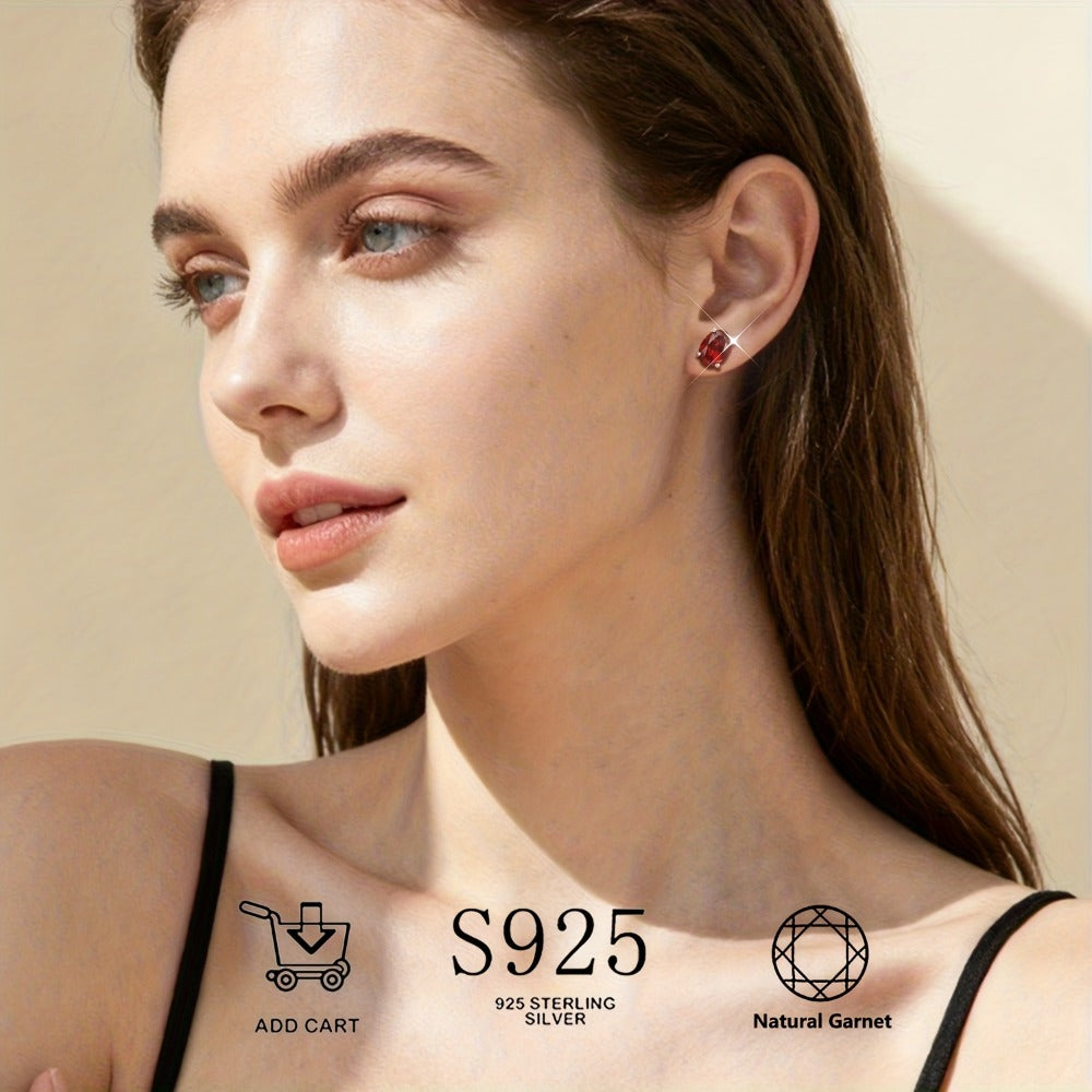 Stud Earrings for Women - Garnet 925 Sterling Silver Natural Stone Hypoallergenic January Birthstone - product detail view 6