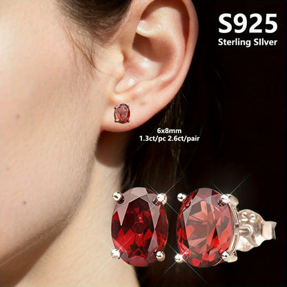 Stud Earrings for Women - Garnet 925 Sterling Silver Natural Stone Hypoallergenic January Birthstone - product detail view 10
