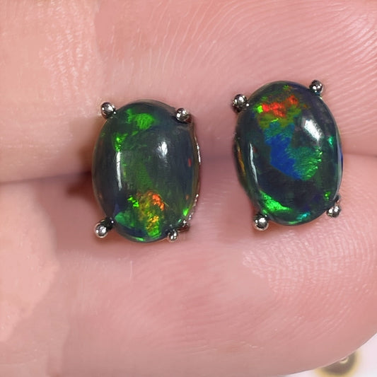 Stud Earrings for Women - Opal S925 Sterling Silver Black Opal Mosaic for , October Birthstone - product detail view 2