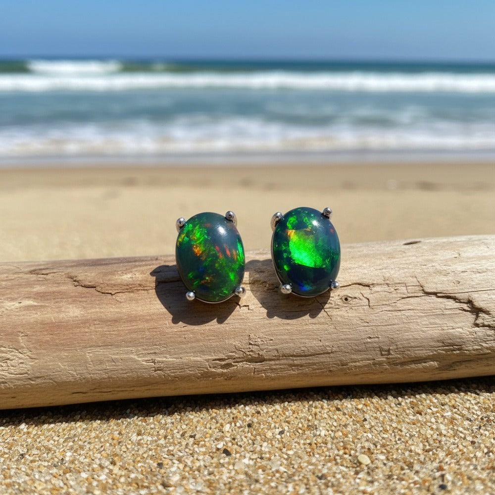 Stud Earrings for Women - Opal S925 Sterling Silver Black Opal Mosaic for , October Birthstone - product detail view 7