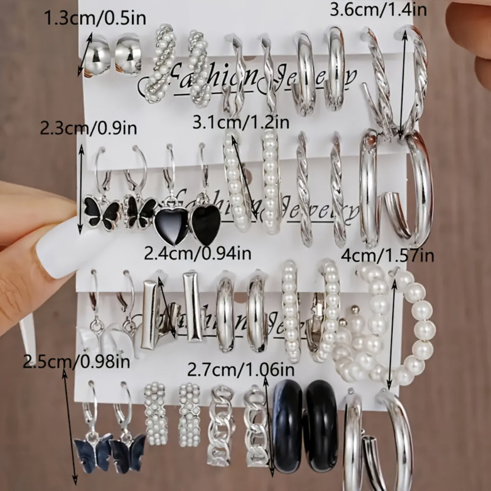 Stud Earrings for Women - Set 40 Pieces for Pearl Geometric Heart Butterfly Hollow & Dangle Mix - product detail view 4