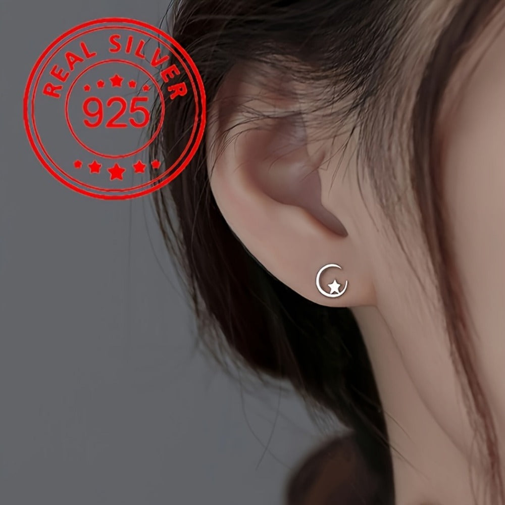Stud Earrings for Women - Tiny Star & Moon for - 925 Sterling Silver Hypoallergenic Jewelry - product detail view 2