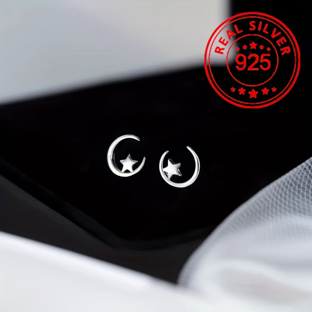 Stud Earrings for Women - Tiny Star & Moon for - 925 Sterling Silver Hypoallergenic Jewelry - product detail view 4