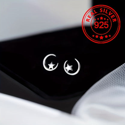 Stud Earrings for Women - Tiny Star & Moon for - 925 Sterling Silver Hypoallergenic Jewelry - product detail view 4