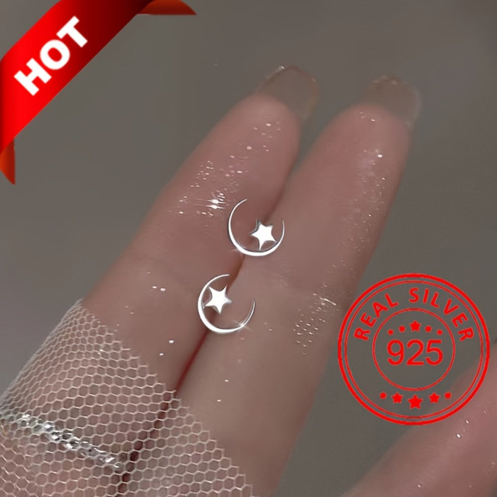 Stud Earrings for Women - Tiny Star & Moon for - 925 Sterling Silver Hypoallergenic Jewelry - product detail view 6