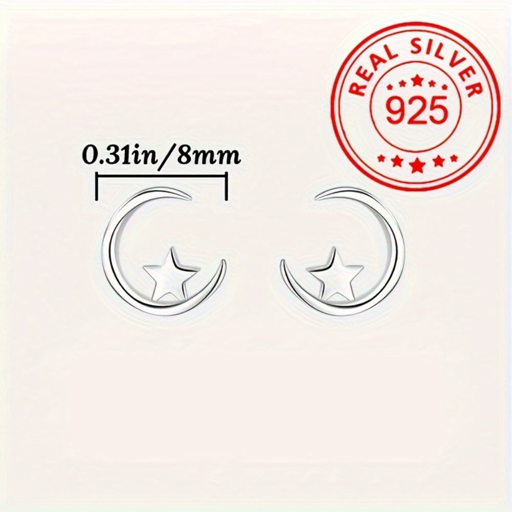 Stud Earrings for Women - Tiny Star & Moon for - 925 Sterling Silver Hypoallergenic Jewelry - product detail view 9