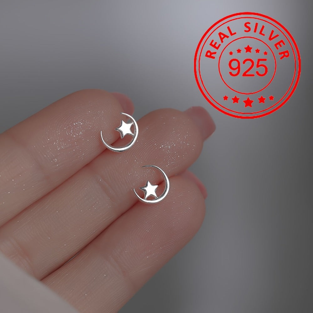 Stud Earrings for Women - Tiny Star & Moon for - 925 Sterling Silver Hypoallergenic Jewelry - product detail view 10