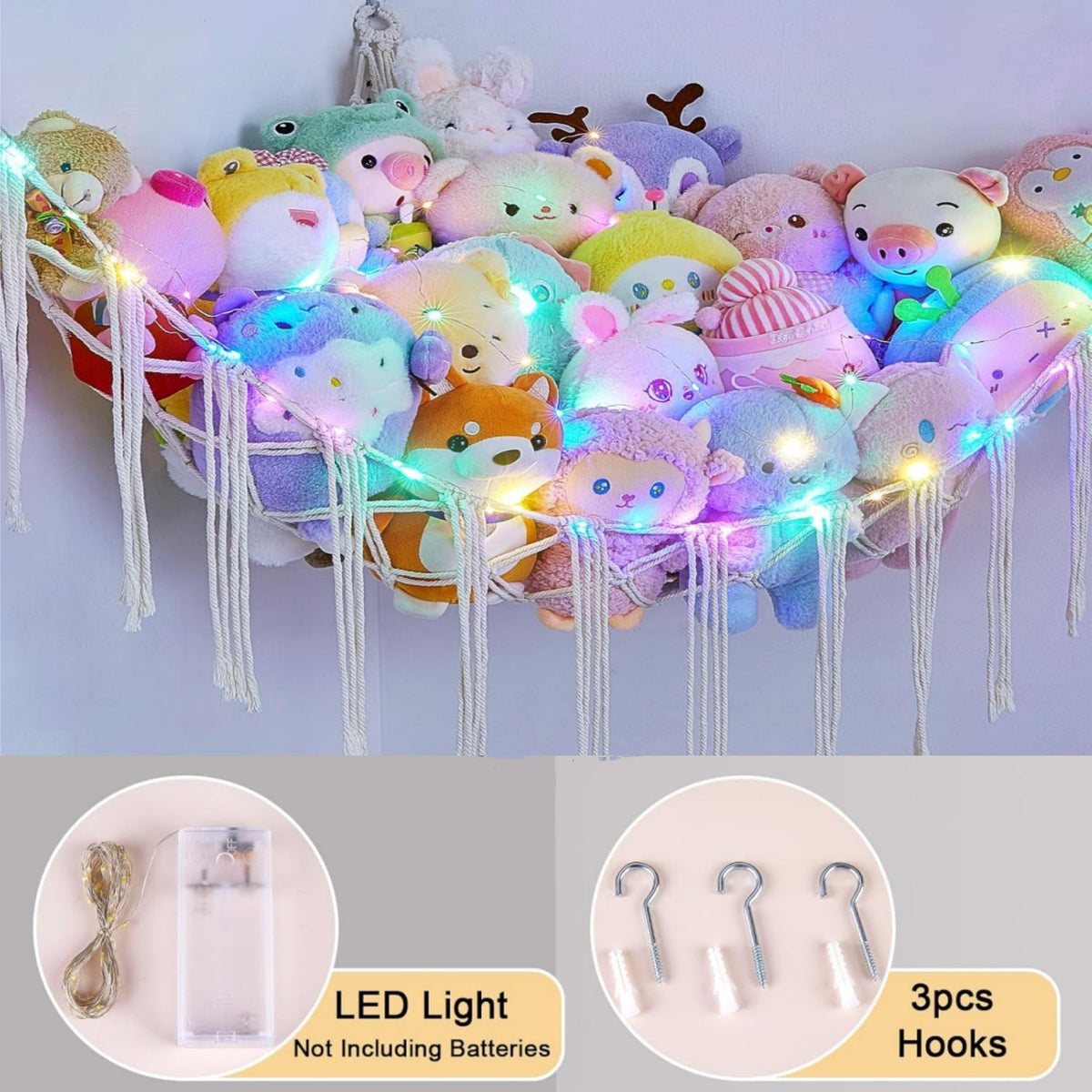 Toy Hammock, Plush Toy Storage Hammock with Star Lights 3 Hooks Corner Net Machine shown in the main product view