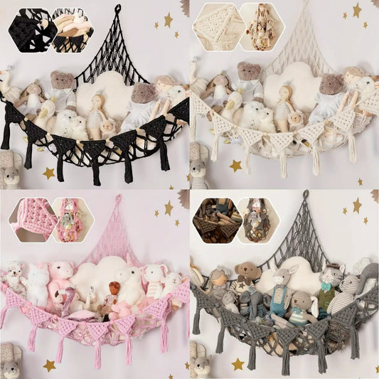 Toy Hammock, Stuffed Animal Storage Net with LED Lights Heart Tassels 3 Hooks Corner shown in the main product view