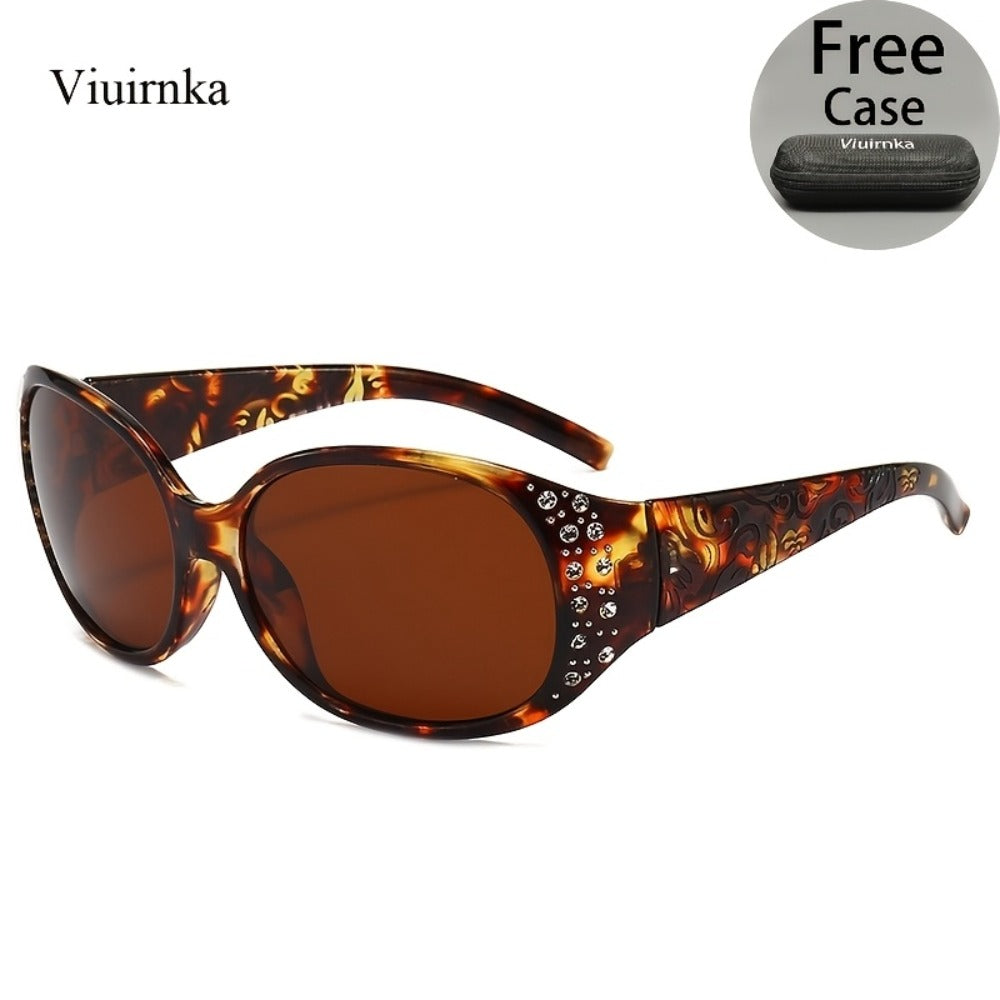 Sunglasses for Women - Cat Eye Rhinestone Embellished Floral Design Leopard Tea Lightweight - product detail view 3