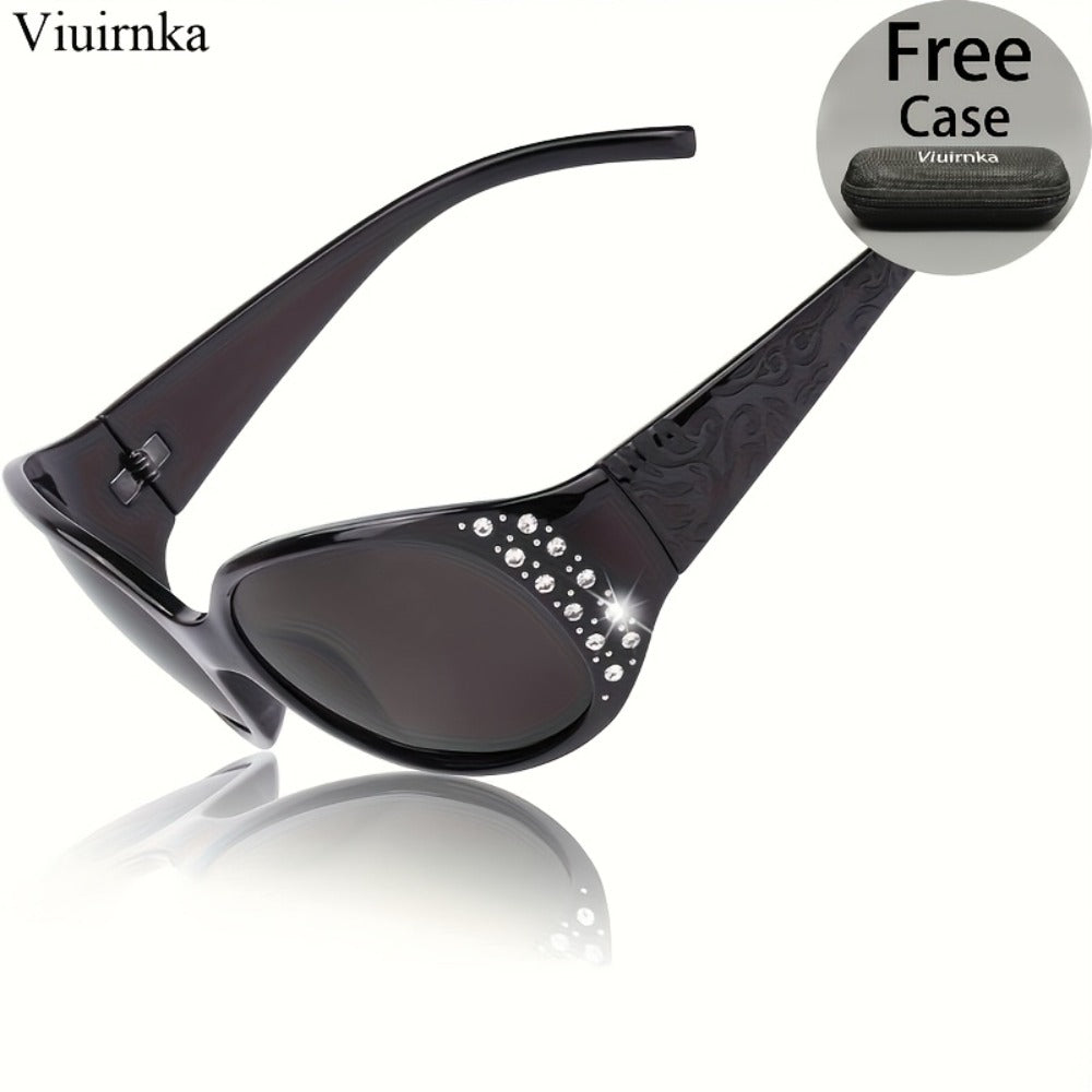 Sunglasses for Women - Cat Eye Rhinestone Embellished Floral Design Leopard Tea Lightweight - product detail view 7