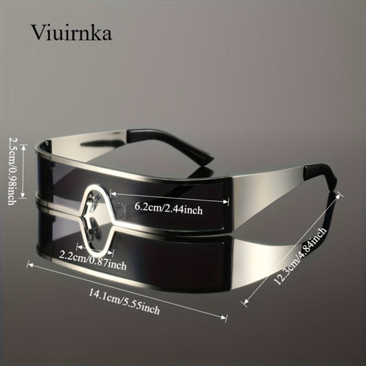 Sunglasses for Men - Cyberpunk Wraparound Glasses Futuristic Wide Temple Metal Frame with Case - product detail view 2