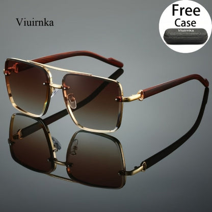 Sunglasses for Men - Double Bridge UV400 Wood Grain Luxury Frame - Square Retro Gradient Tinted - product detail view 4