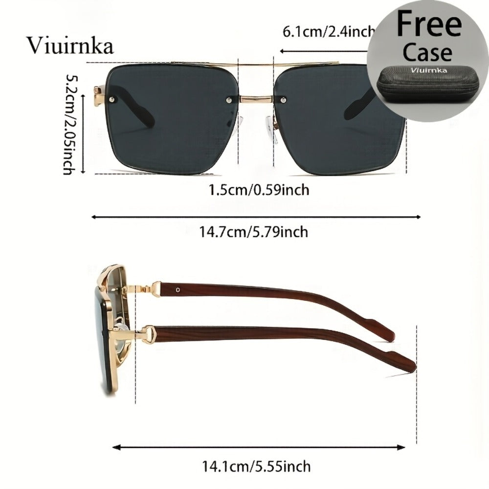 Sunglasses for Men - Double Bridge UV400 Wood Grain Luxury Frame - Square Retro Gradient Tinted - product detail view 5
