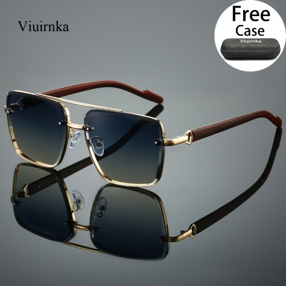 Sunglasses for Men - Double Bridge UV400 Wood Grain Luxury Frame - Square Retro Gradient Tinted - product detail view 6