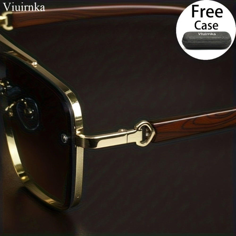 Sunglasses for Men - Double Bridge UV400 Wood Grain Luxury Frame - Square Retro Gradient Tinted - product detail view 7