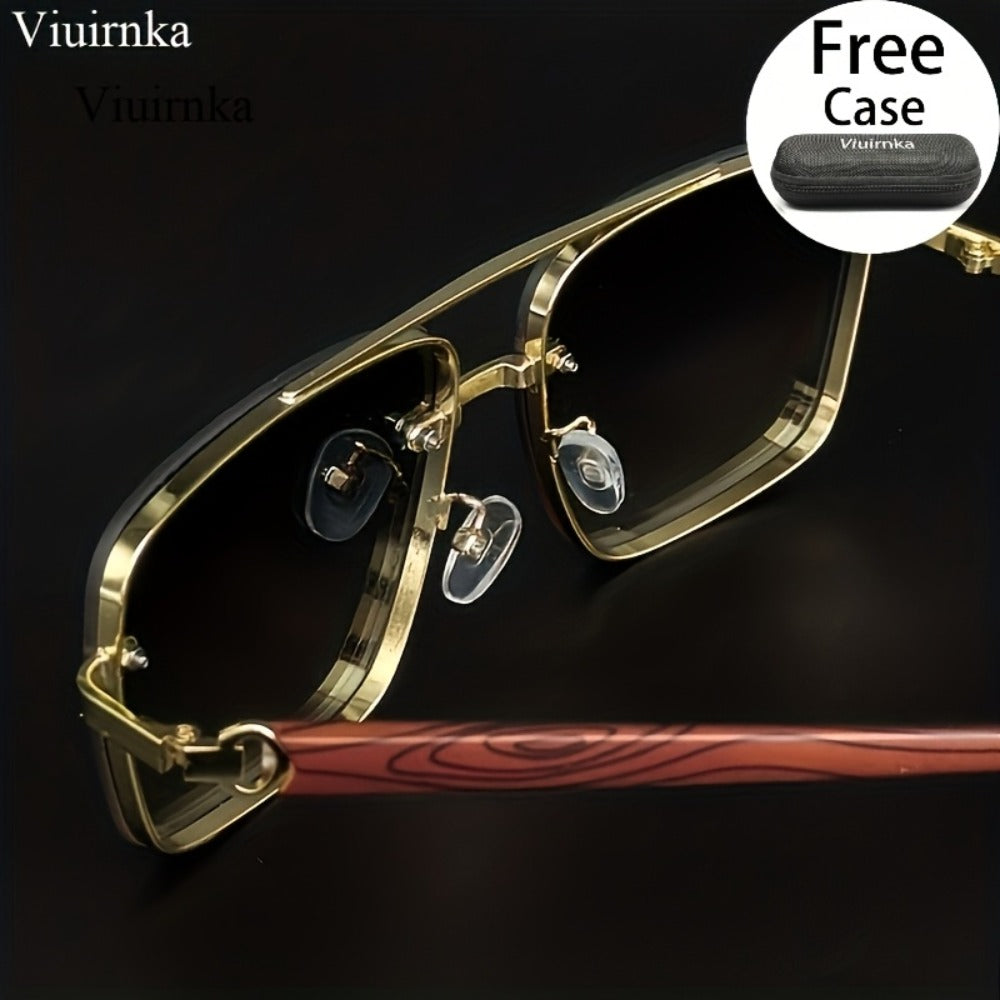 Sunglasses for Men - Double Bridge UV400 Wood Grain Luxury Frame - Square Retro Gradient Tinted - product detail view 8