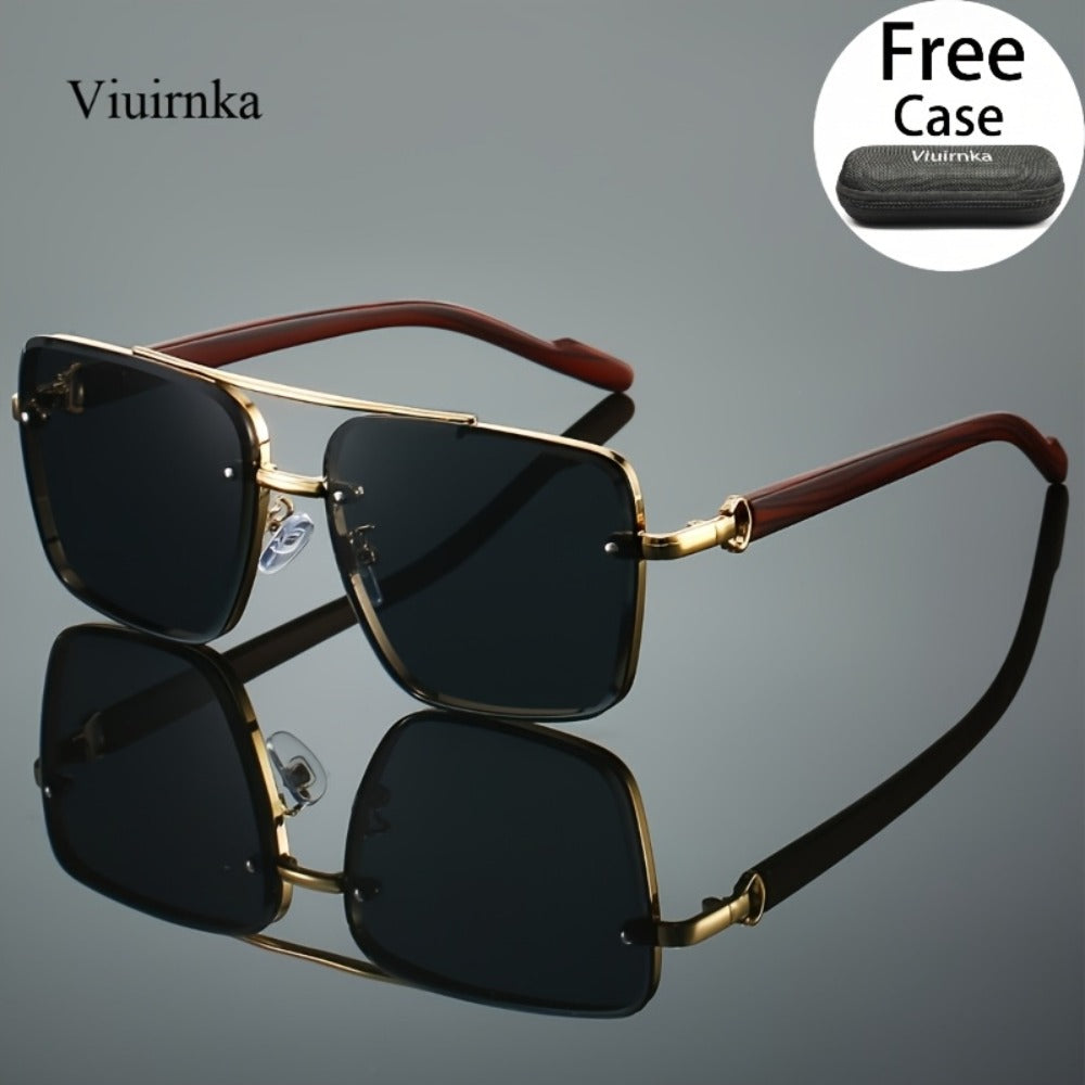 Sunglasses for Men - Double Bridge UV400 Wood Grain Luxury Frame - Square Retro Gradient Tinted - product detail view 9