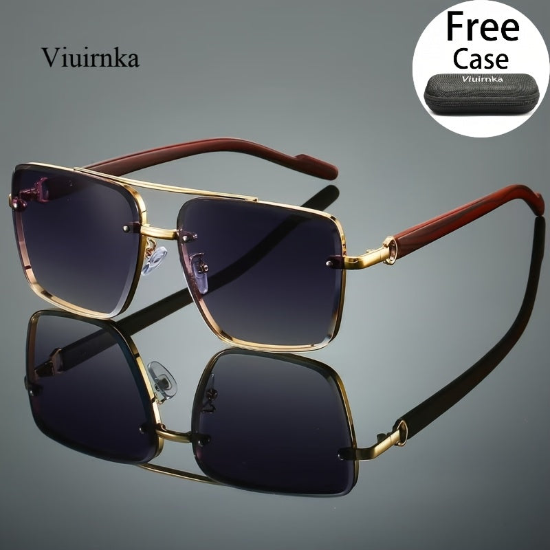 Sunglasses for Men - Double Bridge UV400 Wood Grain Luxury Frame - Square Retro Gradient Tinted - product detail view 15