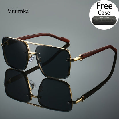 Sunglasses for Men - Double Bridge UV400 Wood Grain Luxury Frame - Square Retro Gradient Tinted - product detail view 17