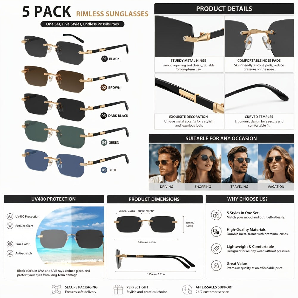 Sunglasses for Men - Frameless Set 5 Pack - Metal Rimless Oval Lens UV Protection Lightweight - product detail view 6