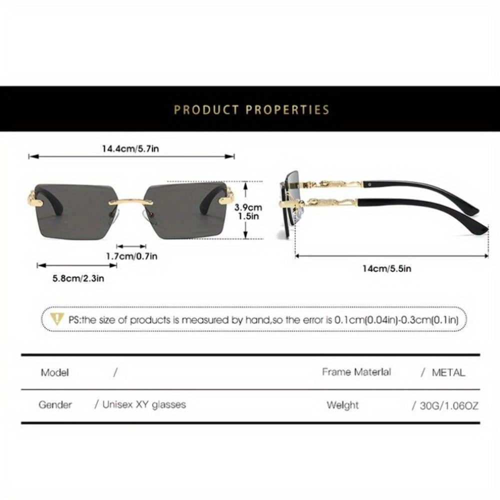 Sunglasses for Men - Luxury Frameless Gold Frame Leopard Arms UV400 Narrow Rectangular Lens - product detail view 2