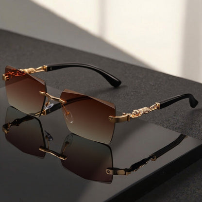 Sunglasses for Men - Luxury Frameless Gold Frame Leopard Arms UV400 Narrow Rectangular Lens - product detail view 4