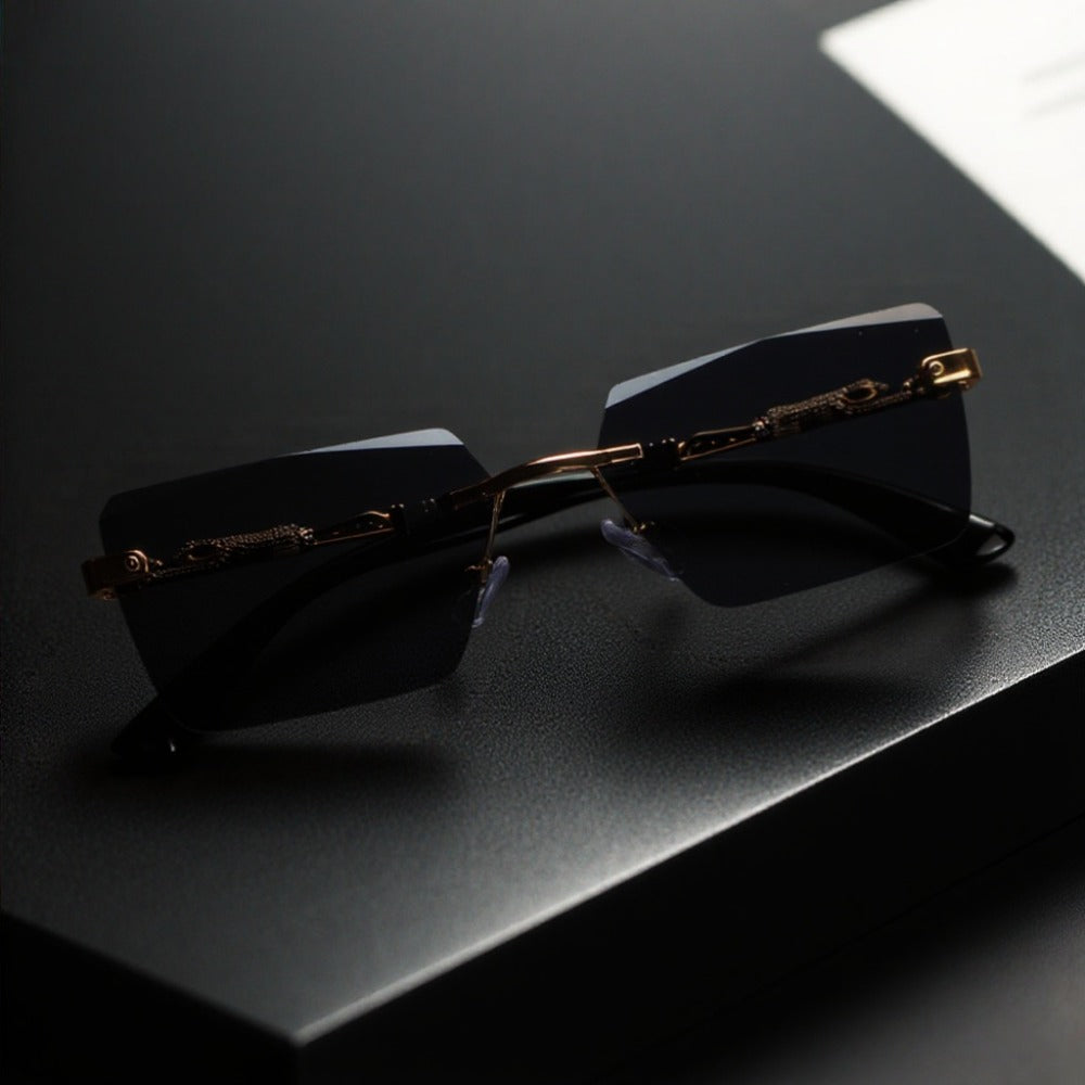 Sunglasses for Men - Luxury Frameless Gold Frame Leopard Arms UV400 Narrow Rectangular Lens - product detail view 6