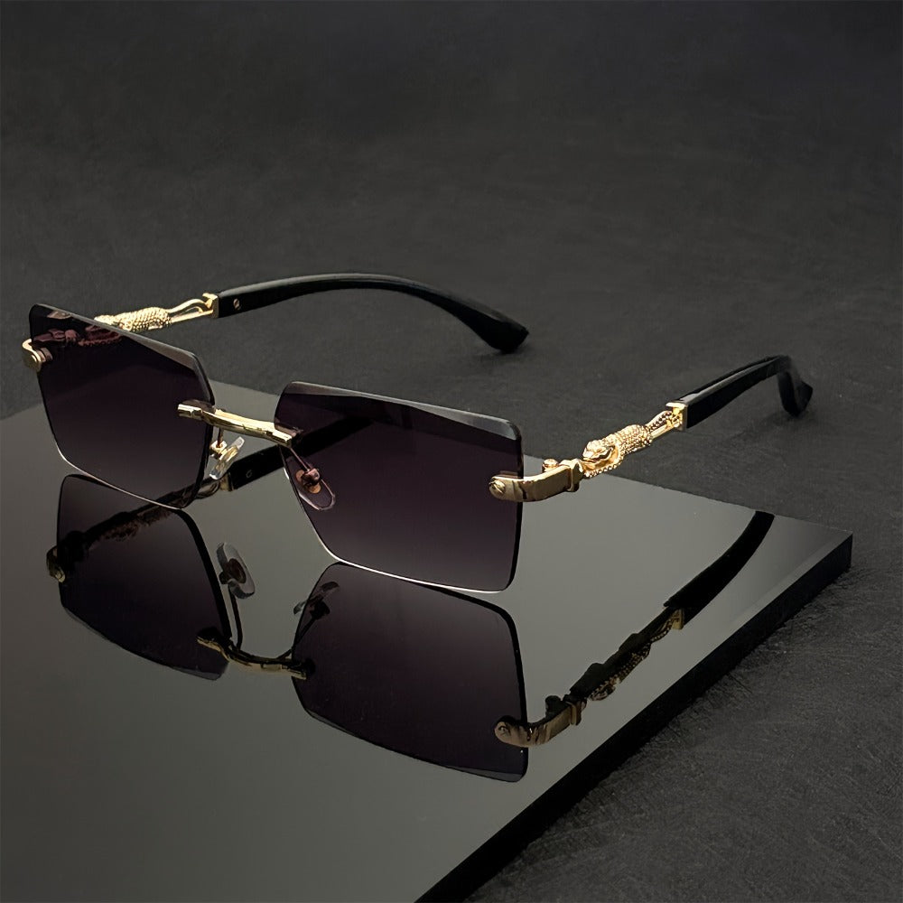 Sunglasses for Men - Luxury Frameless Gold Frame Leopard Arms UV400 Narrow Rectangular Lens - product detail view 7