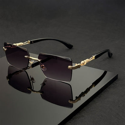 Sunglasses for Men - Luxury Frameless Gold Frame Leopard Arms UV400 Narrow Rectangular Lens - product detail view 7