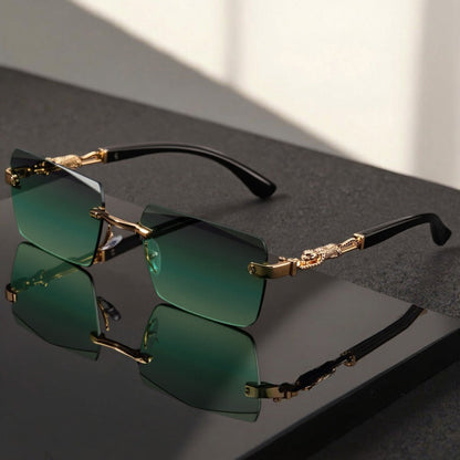 Sunglasses for Men - Luxury Frameless Gold Frame Leopard Arms UV400 Narrow Rectangular Lens - product detail view 9