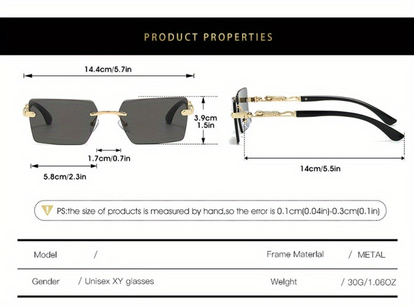 Sunglasses for Men - Luxury Frameless Gold Frame Leopard Arms UV400 Narrow Rectangular Lens - product detail view 11