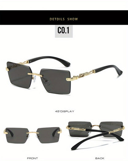 Sunglasses for Men - Luxury Frameless Gold Frame Leopard Arms UV400 Narrow Rectangular Lens - product detail view 12