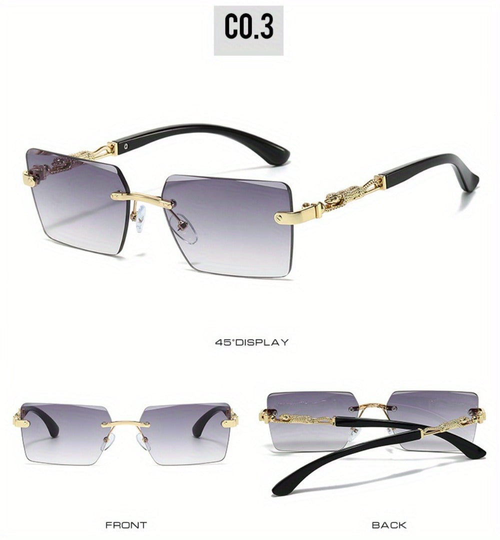 Sunglasses for Men - Luxury Frameless Gold Frame Leopard Arms UV400 Narrow Rectangular Lens - product detail view 13
