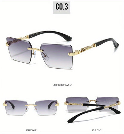 Sunglasses for Men - Luxury Frameless Gold Frame Leopard Arms UV400 Narrow Rectangular Lens - product detail view 13