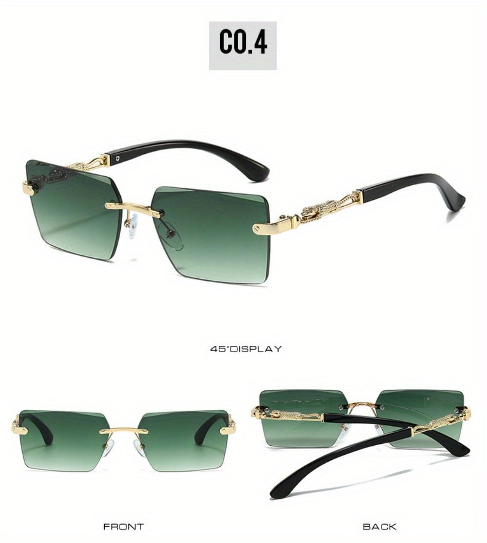 Sunglasses for Men - Luxury Frameless Gold Frame Leopard Arms UV400 Narrow Rectangular Lens - product detail view 14