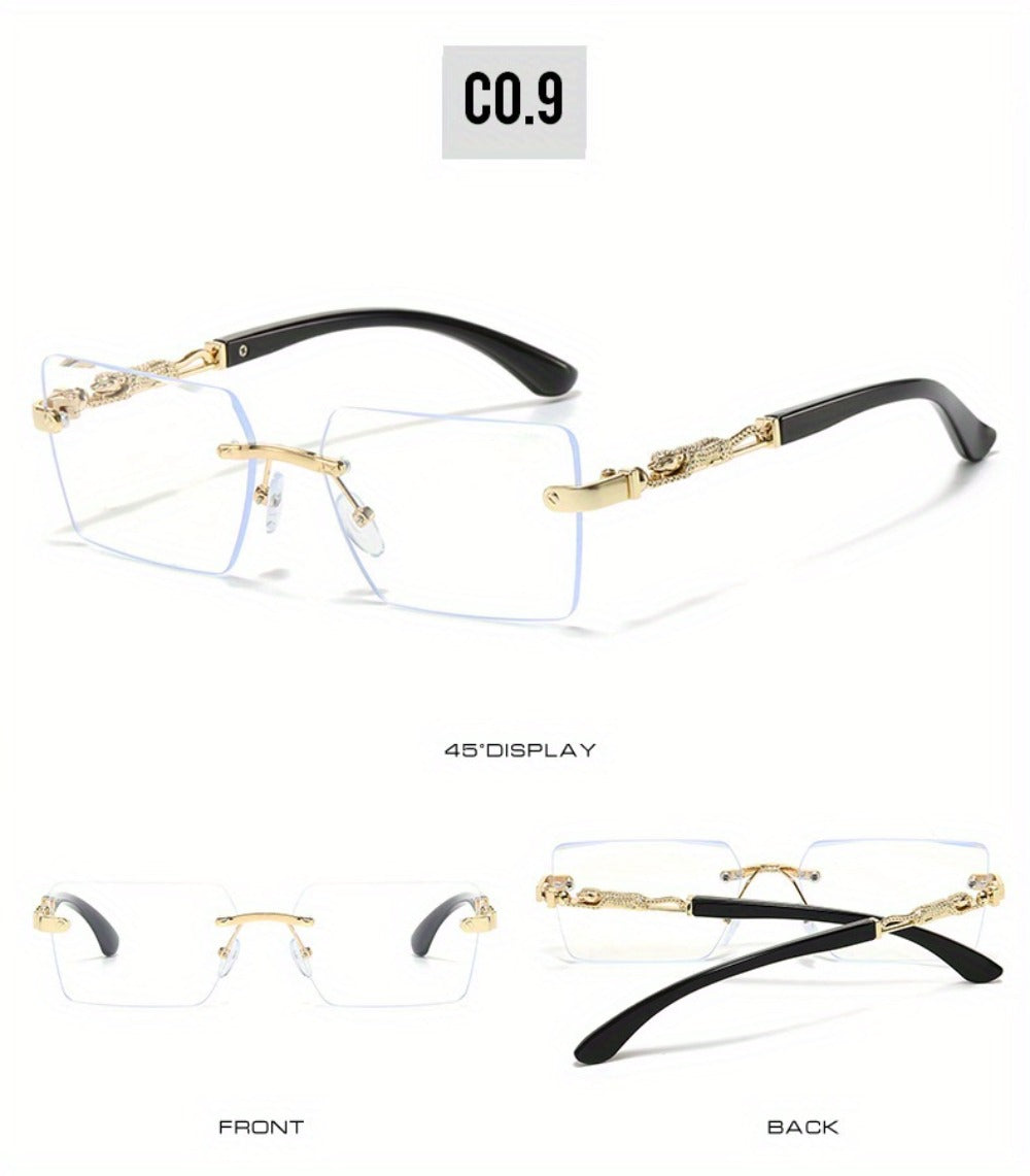 Sunglasses for Men - Luxury Frameless Gold Frame Leopard Arms UV400 Narrow Rectangular Lens - product detail view 16