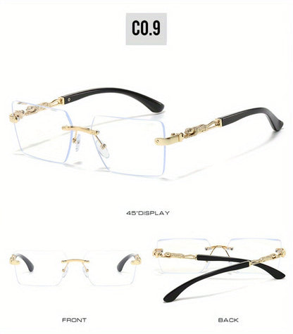 Sunglasses for Men - Luxury Frameless Gold Frame Leopard Arms UV400 Narrow Rectangular Lens - product detail view 16