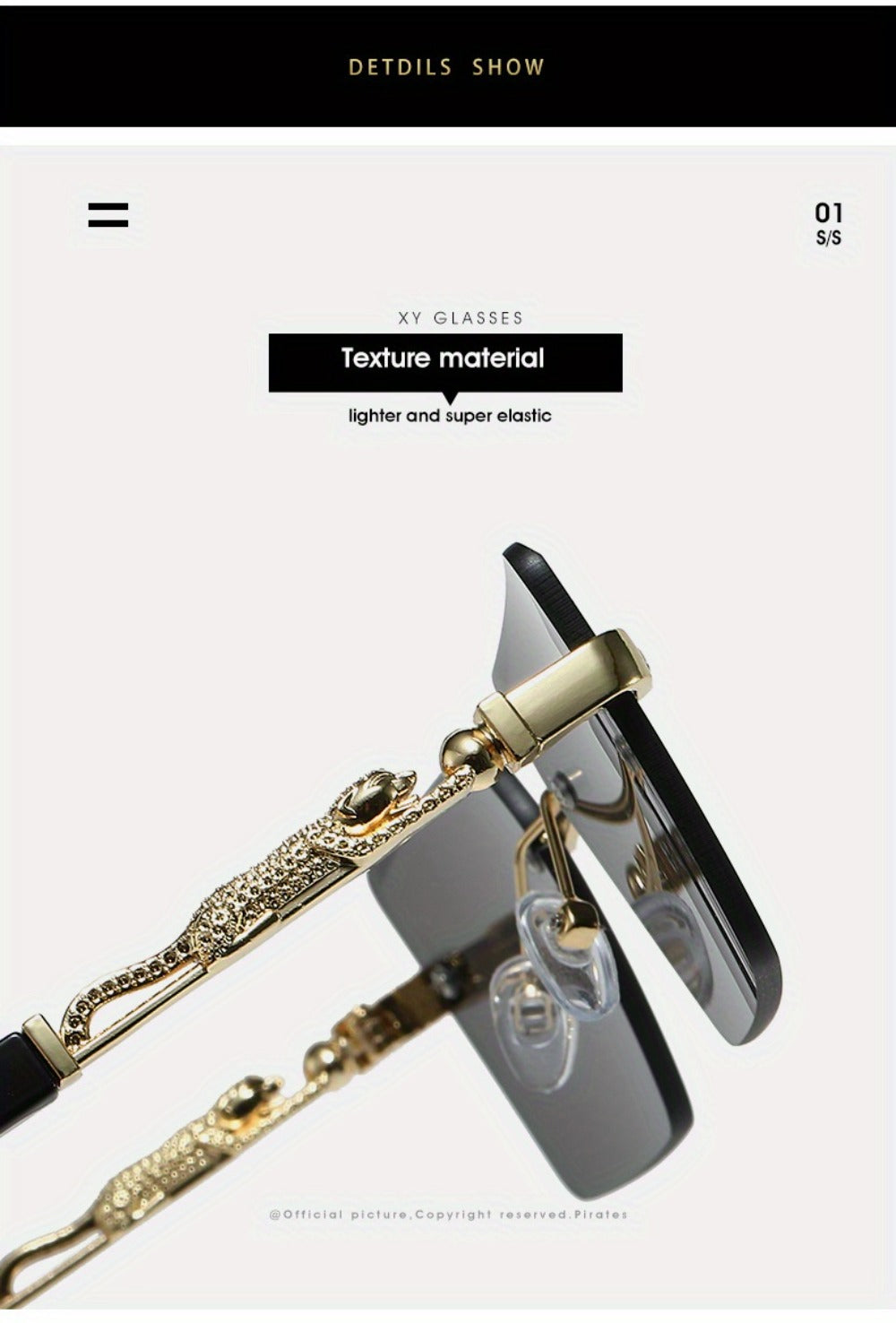 Sunglasses for Men - Luxury Frameless Gold Frame Leopard Arms UV400 Narrow Rectangular Lens - product detail view 17