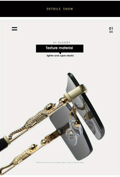 Sunglasses for Men - Luxury Frameless Gold Frame Leopard Arms UV400 Narrow Rectangular Lens - product detail view 17