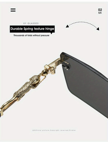 Sunglasses for Men - Luxury Frameless Gold Frame Leopard Arms UV400 Narrow Rectangular Lens - product detail view 18